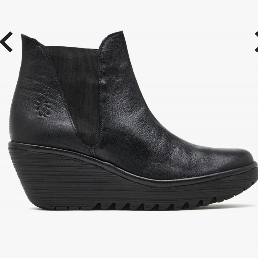 Fly London Woss Black Leather Ankle Wedge Boots EU 40 US 9.5